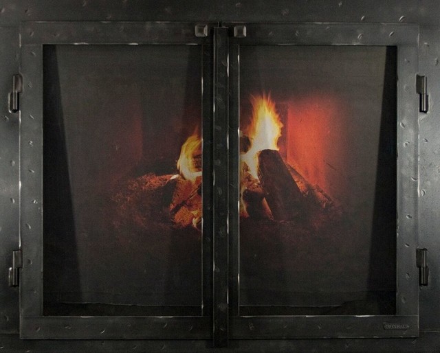 Iron Fireplace Glass Door with Gate Mesh, 2 1/2" Frame, Natural Finish, 46"x33"