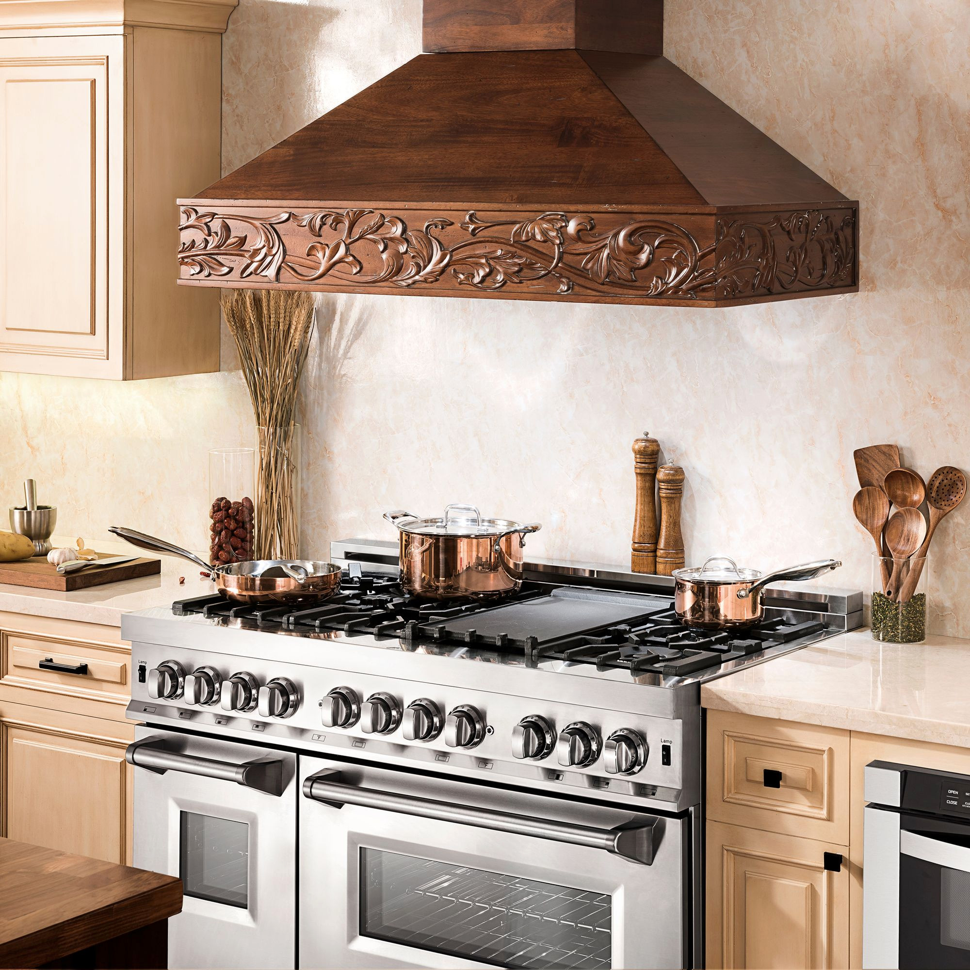 Kitchens featuring a ZLINE Wooden Wall Range Hood