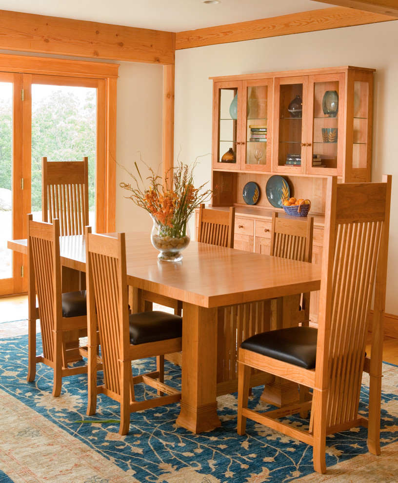 Mid-sized arts and crafts separate dining room in Boston with no fireplace, beige walls and light hardwood floors.