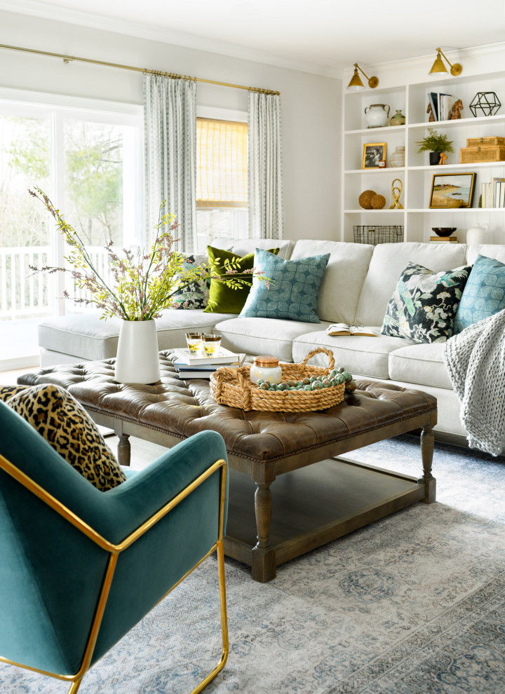 Family room - large transitional open concept family room idea in Boston with gray walls
