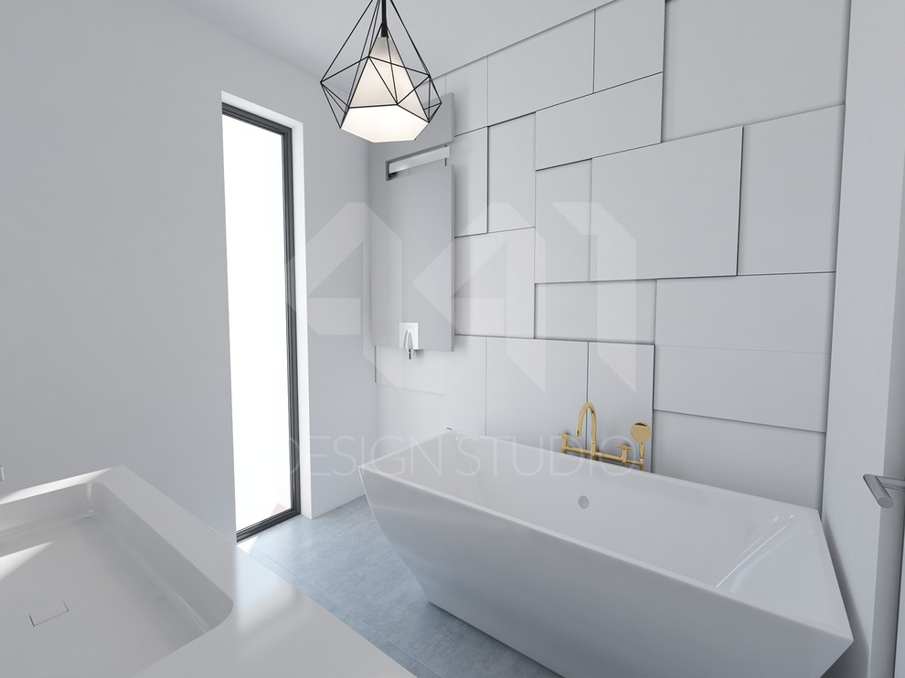 Mid-sized scandinavian master bathroom in Other with an integrated sink, furniture-like cabinets, black cabinets, a freestanding tub, a one-piece toilet, white tile, ceramic tile, white walls and porcelain floors.