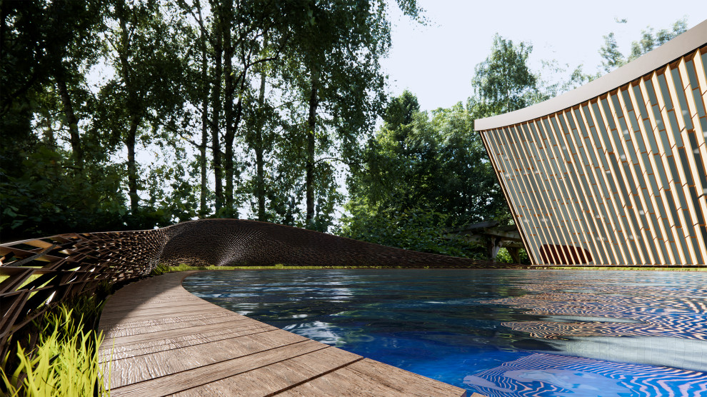 Medium sized contemporary side custom shaped above ground swimming pool in New York with with pool landscaping and decking.