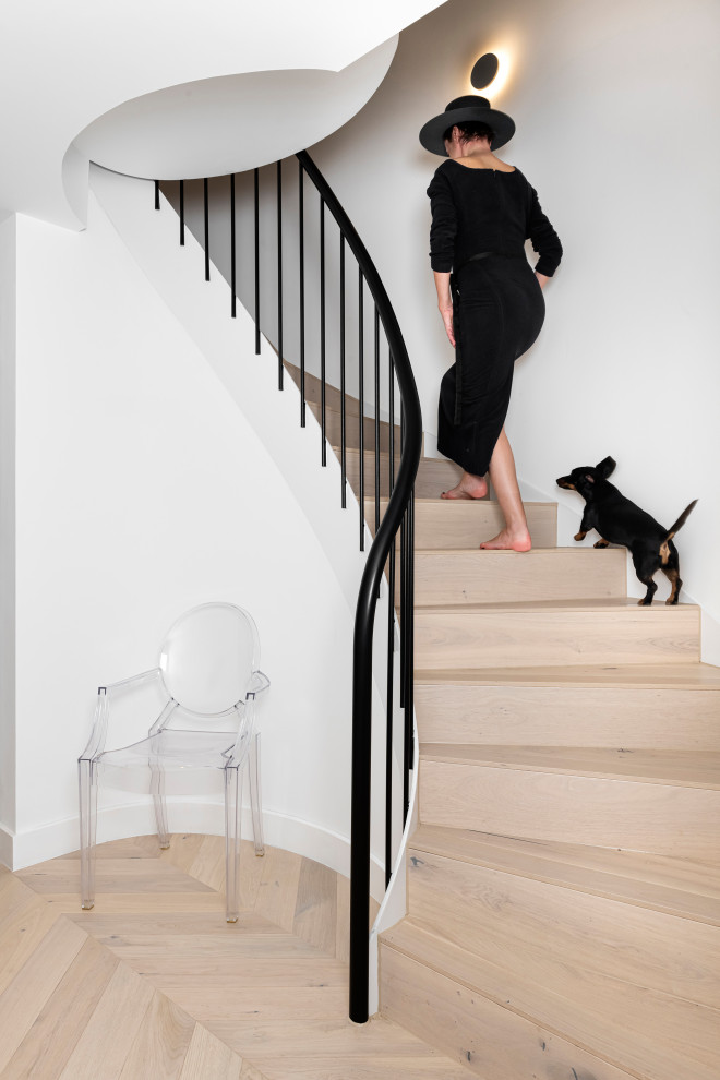 Design ideas for a medium sized contemporary wood curved metal railing staircase spindle in London with wood risers.