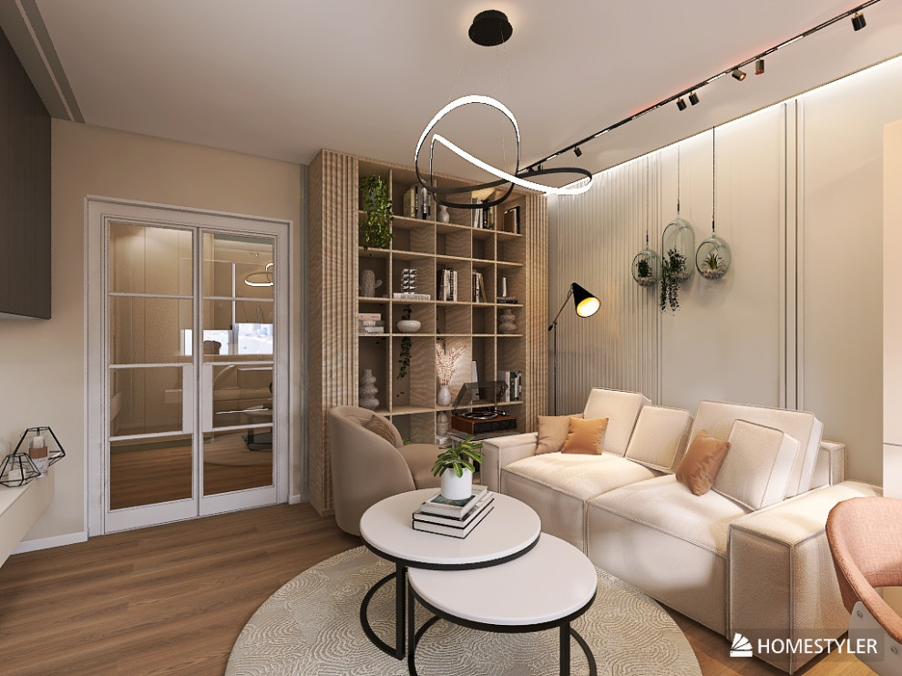 квартира в серо-бежевых тонах с яркой ванной