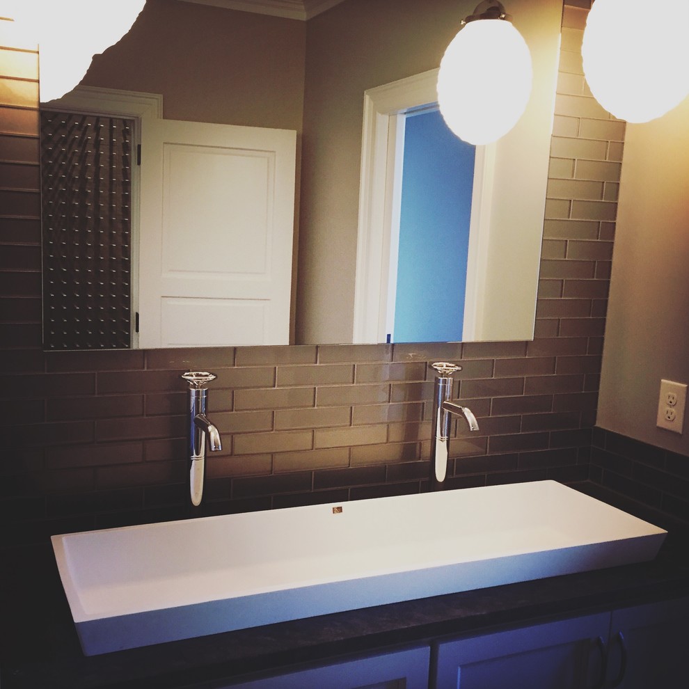 Bathroom - transitional gray tile and stone tile bathroom idea