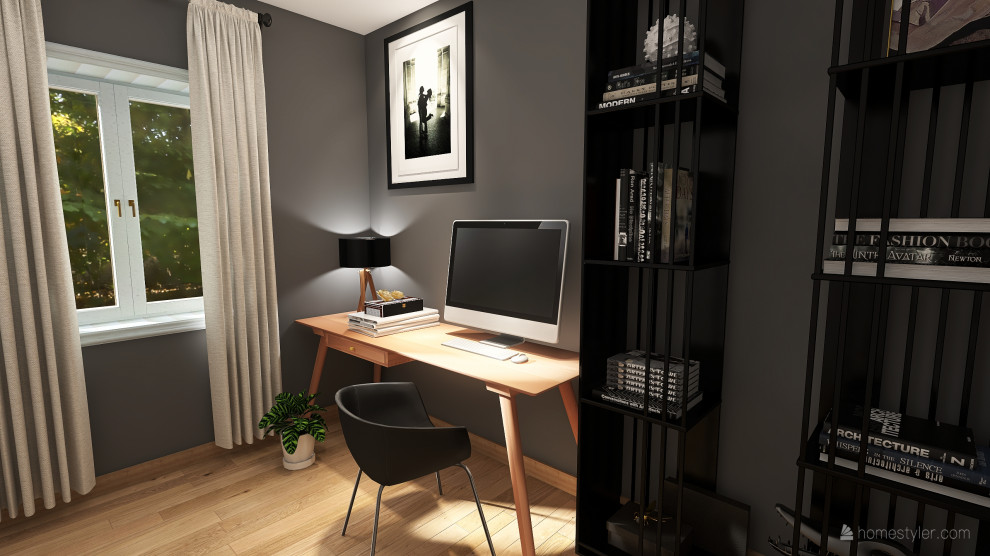 Exemple d'un petit bureau atelier moderne avec un mur gris, parquet clair, un bureau indépendant et un sol gris.