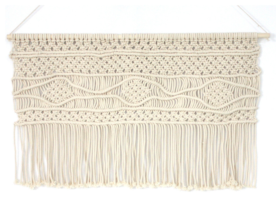 Boho Hand-Crafted Cotton Macrame Wall Hanging Decor, 39x21", Cream