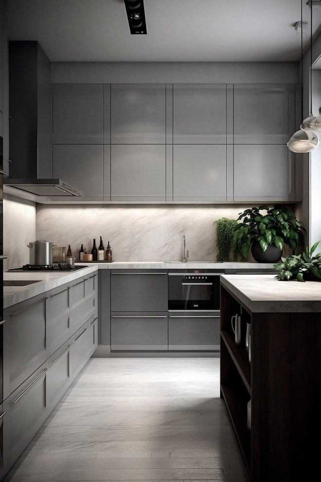 Bild på ett avskilt, mellanstort vintage vit vitt l-kök, med en undermonterad diskho, luckor med infälld panel, grå skåp, bänkskiva i kvarts, vitt stänkskydd, svarta vitvaror, en köksö och grått golv