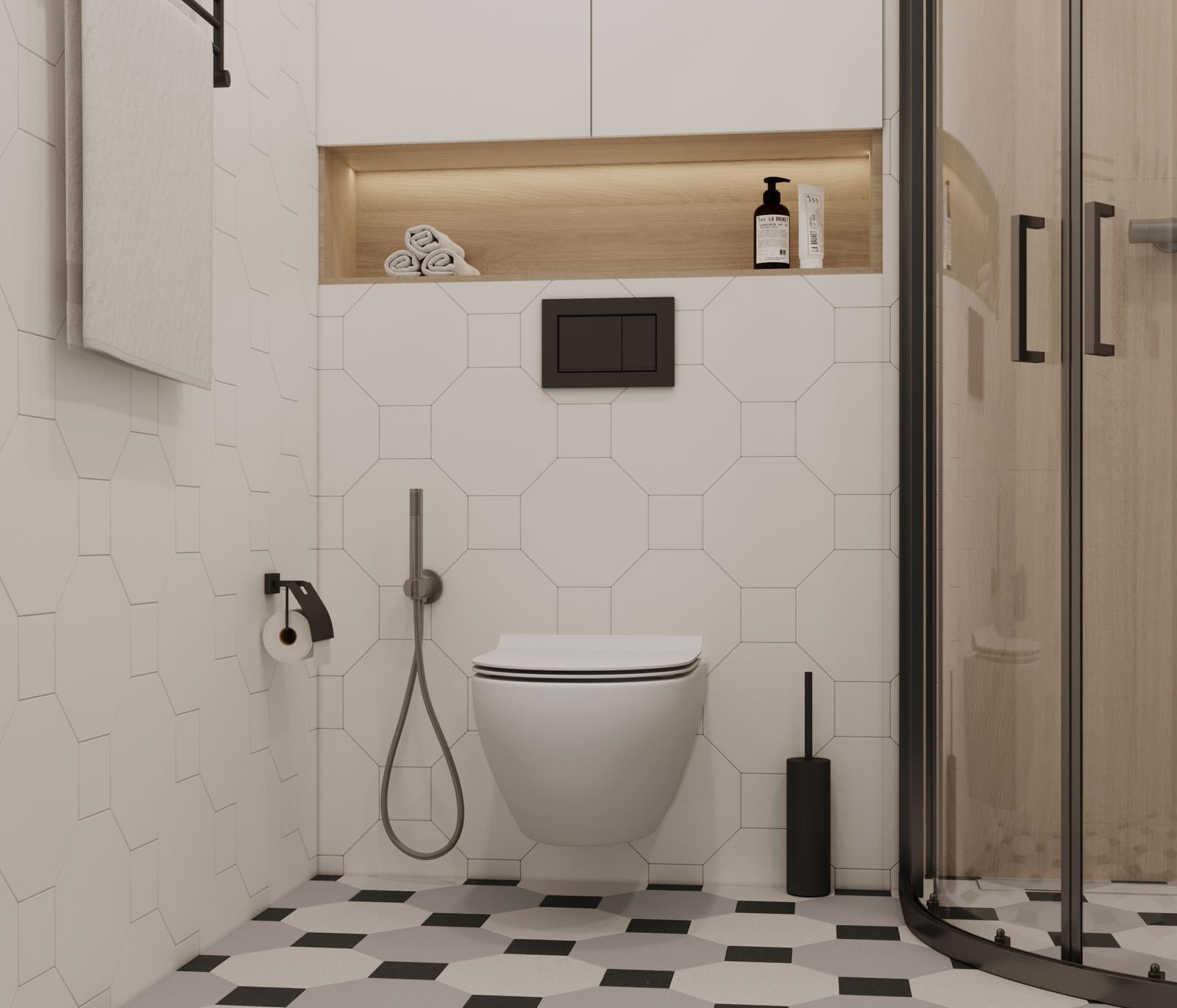 Современный интерьер с яркими акцентами и геометрическими формами