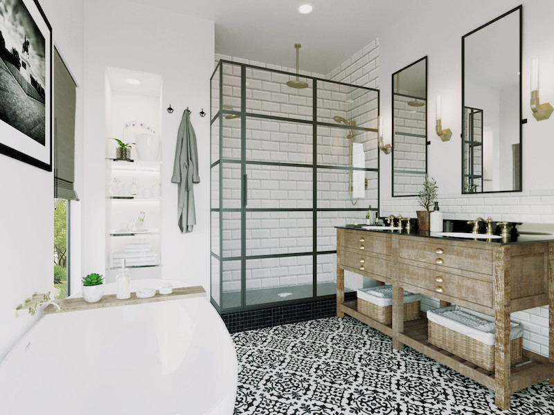 Design ideas for a large country master bathroom in New York with furniture-like cabinets, distressed cabinets, a freestanding tub, an alcove shower, a two-piece toilet, black and white tile, subway tile, white walls, ceramic floors, an undermount sink, onyx benchtops, multi-coloured floor, a hinged shower door and black benchtops.