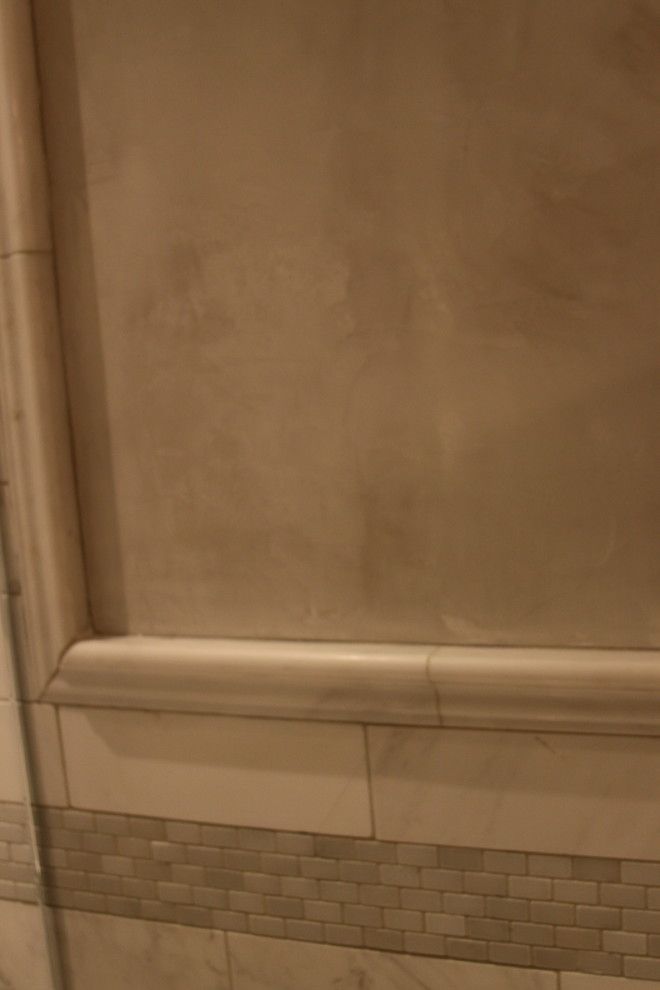 Freestanding bathtub - mid-sized transitional master multicolored tile and stone tile marble floor freestanding bathtub idea in Atlanta with a vessel sink, beaded inset cabinets, beige cabinets, marble countertops, a one-piece toilet and gray walls