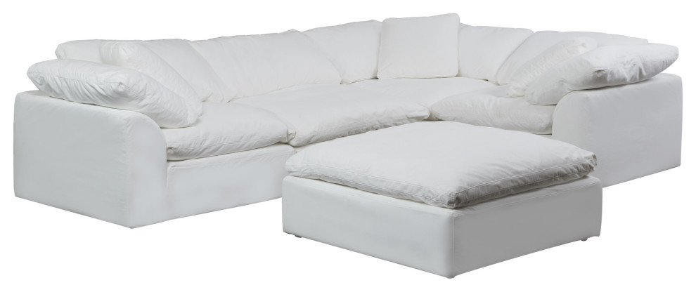 5PC Slipcovered L-Shaped Sectional Sofa with Ottoman | White
