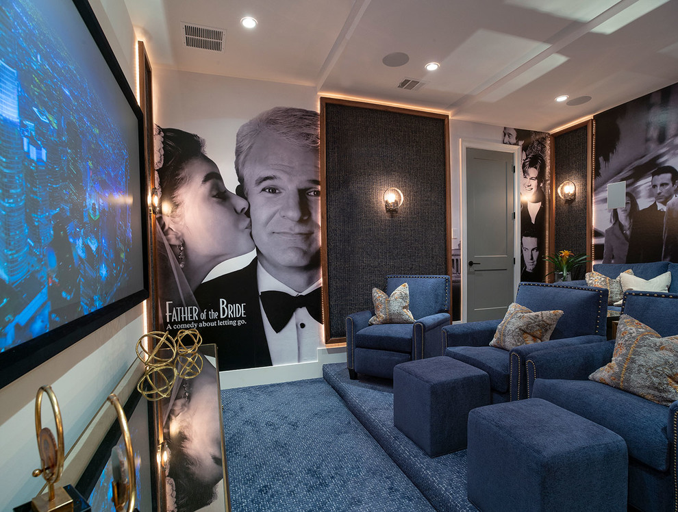 Inspiration for a large transitional enclosed carpeted and blue floor home theater remodel in Houston with white walls