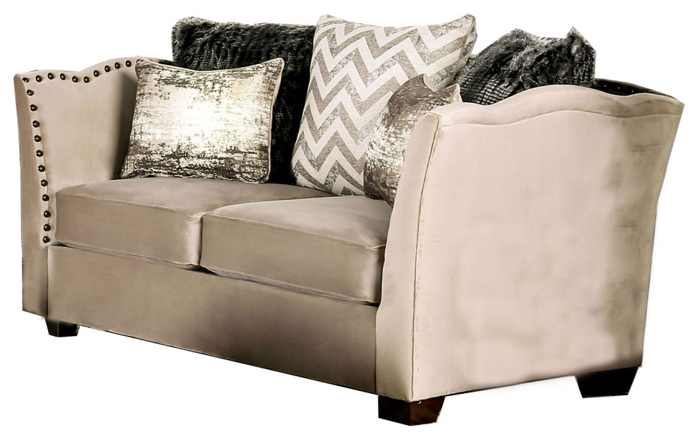 Fabric Upholstered Wooden Loveseat With Flared Arms, Beige