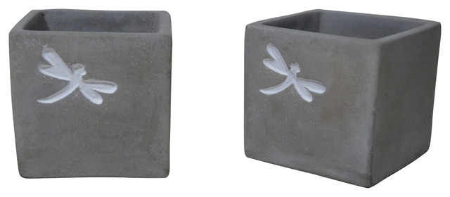 Dragonfly Concrete Square Pot Planter, Set of 2