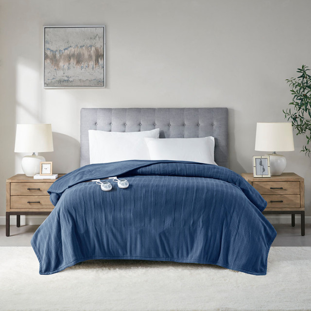 Serta Ribbed Micro Fleece Heated Blanket, Navy, King Contemporary