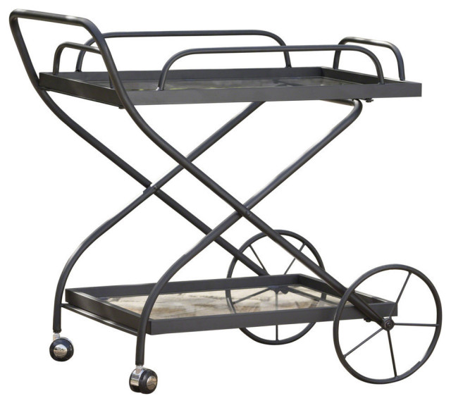 GDF Studio India Outdoor Black  Iron Bar Cart With Tempered Shelve