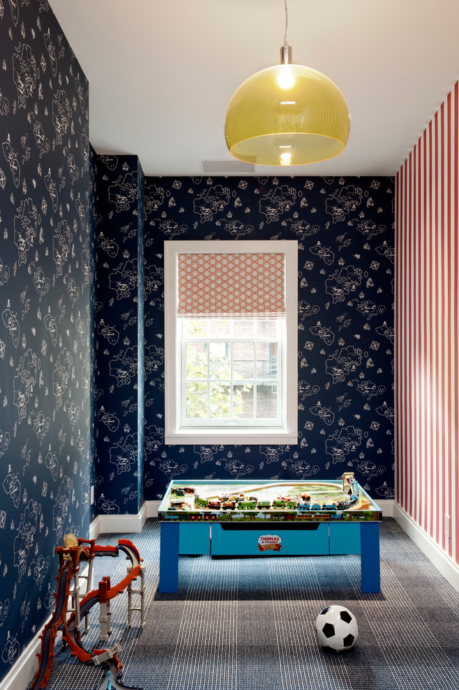 Contemporary kids' playroom in New York with multi-coloured walls and carpet for boys.