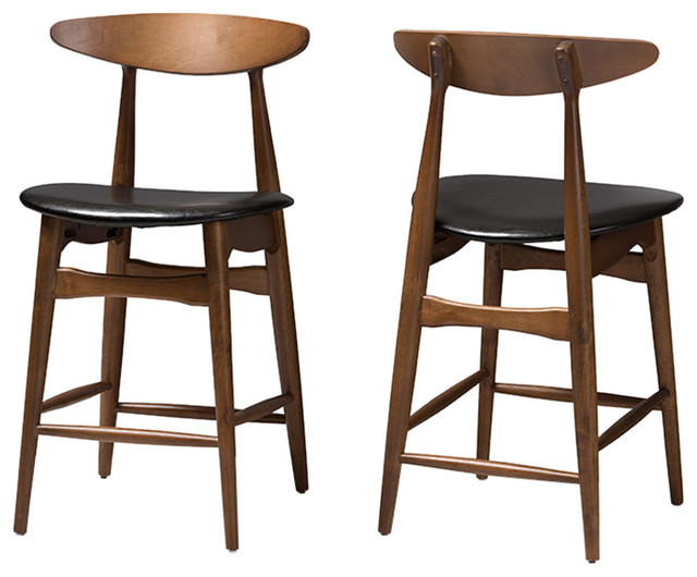 Flora Mid-Century Black Faux Leather Upholstered Walnut Counter Stools, Set of 2