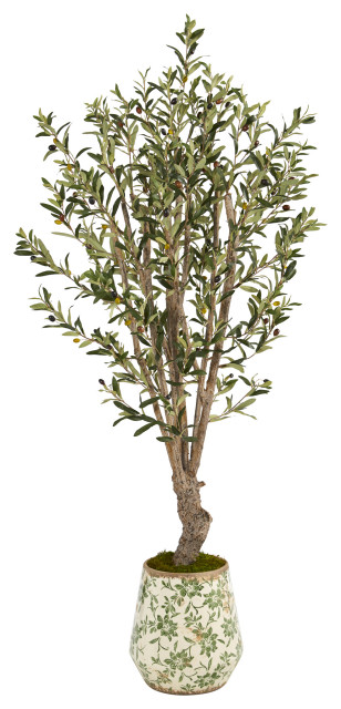 62" Olive Artificial Tree, Floral Print Planter