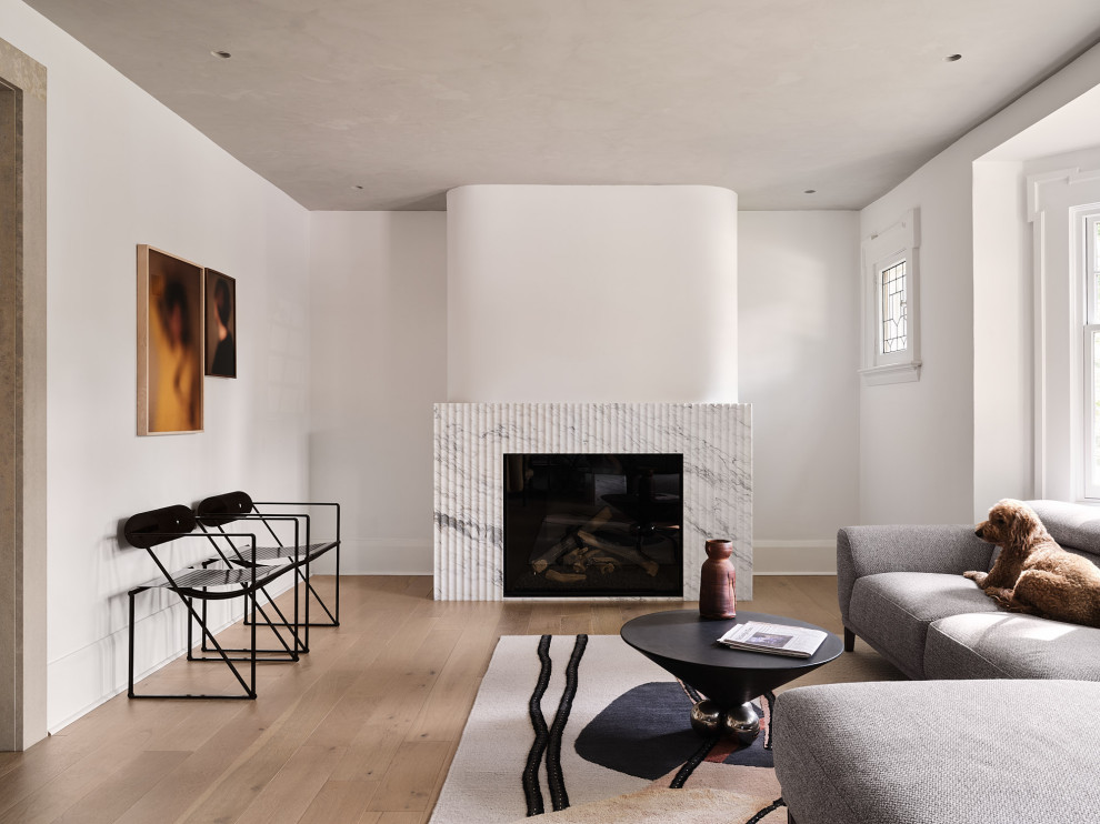 Modernes Wohnzimmer mit weißer Wandfarbe, braunem Holzboden, Kamin und Kaminumrandung aus Stein in Toronto