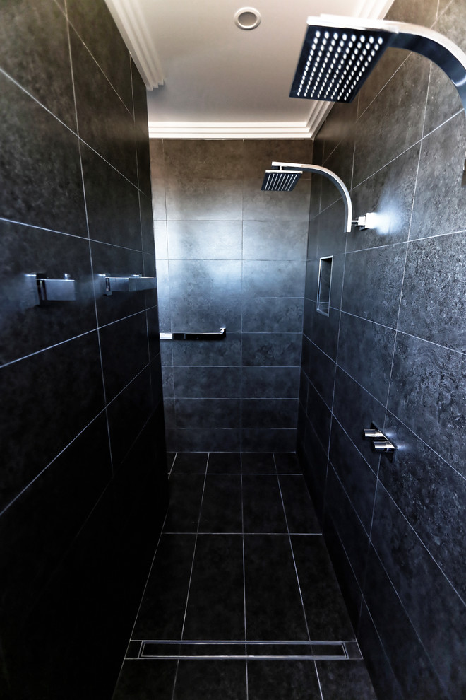 Inspiration for a mid-sized contemporary master bathroom in Sydney with a double shower, gray tile, ceramic tile, grey walls and ceramic floors.