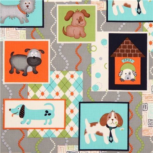 grey patchwork dog animal fabric I Love Puppies Henry Glass