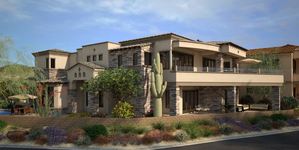 Huge transitional beige two-story stucco exterior home photo in Phoenix