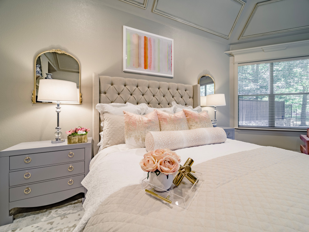 Large classic master bedroom in Dallas with beige walls, carpet, a two-sided fireplace, beige floors, a tiled fireplace surround and a coffered ceiling.