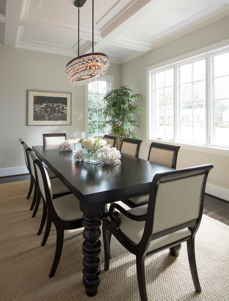 This is an example of a classic enclosed dining room in Dallas with dark hardwood flooring.