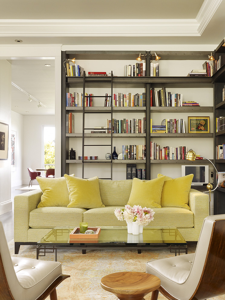 Design ideas for a transitional living room in San Francisco with a library.