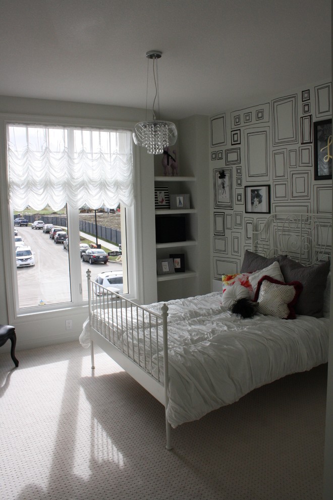 Design ideas for a large eclectic kids' room for girls in Edmonton with white walls and carpet.