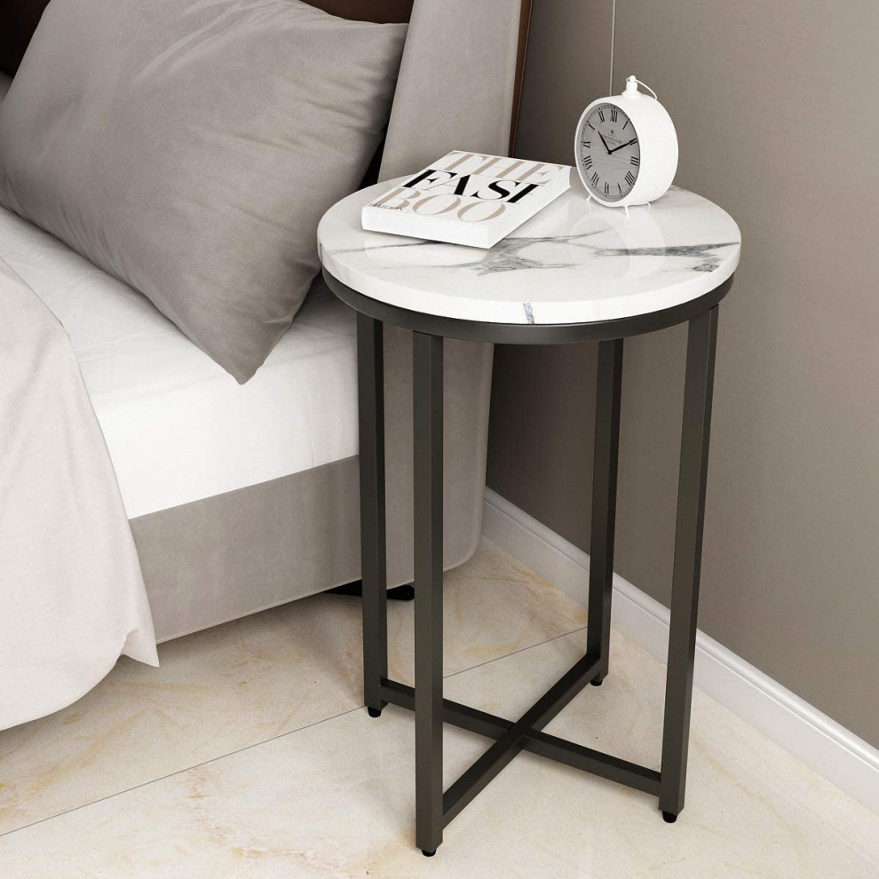 Round Side End Table Marble Top for Bedroom Living Room Transitional