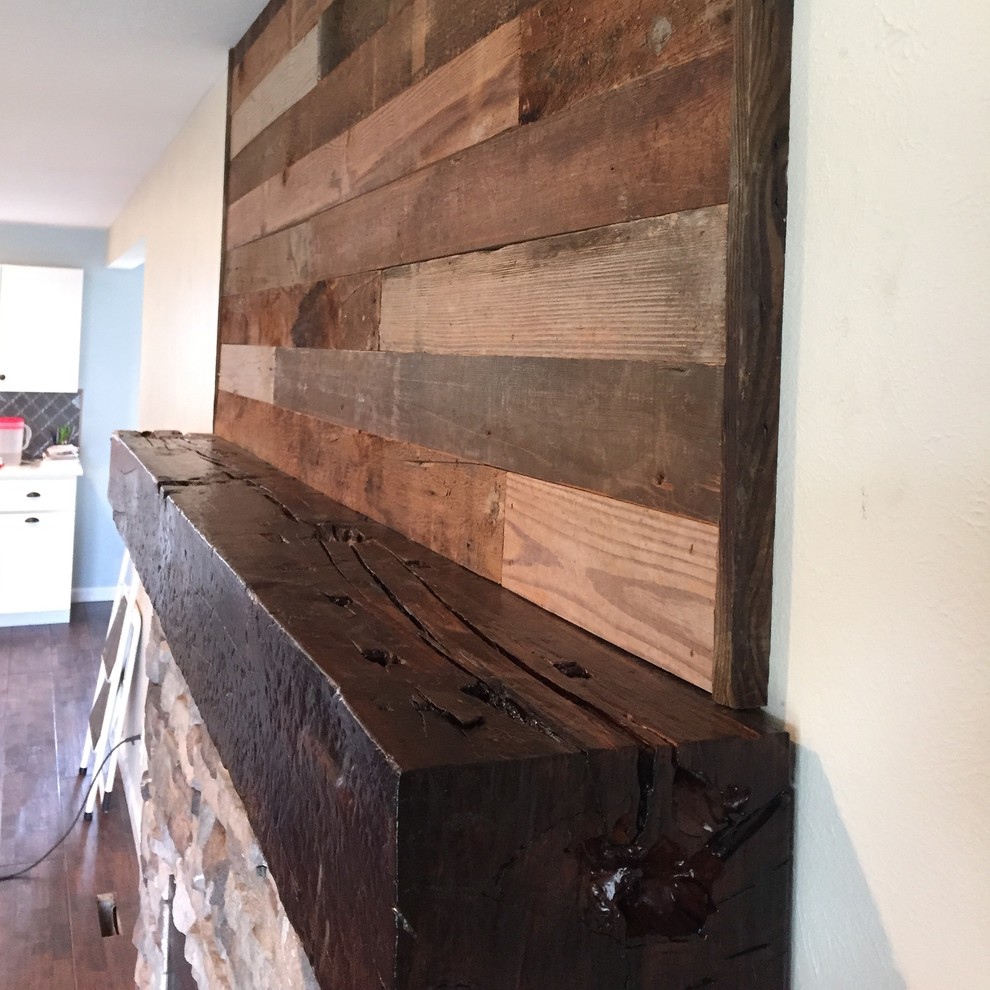 Reclaimed Barn Wood Accent Wall and Custom 6"x8" Urethane Coated Mantle