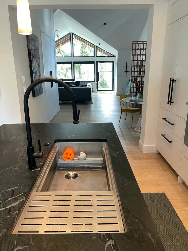 Minimalist brown floor kitchen photo in Orlando with an undermount sink, white cabinets, soapstone countertops, stainless steel appliances, an island and black countertops