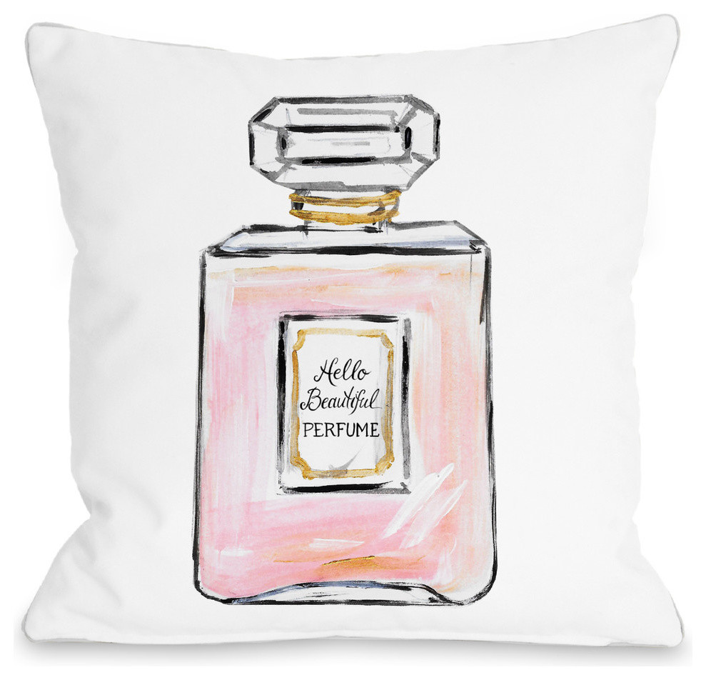Hello Beautiful Perfume, White Pink Gold, 16"x16" Pillow by Timree