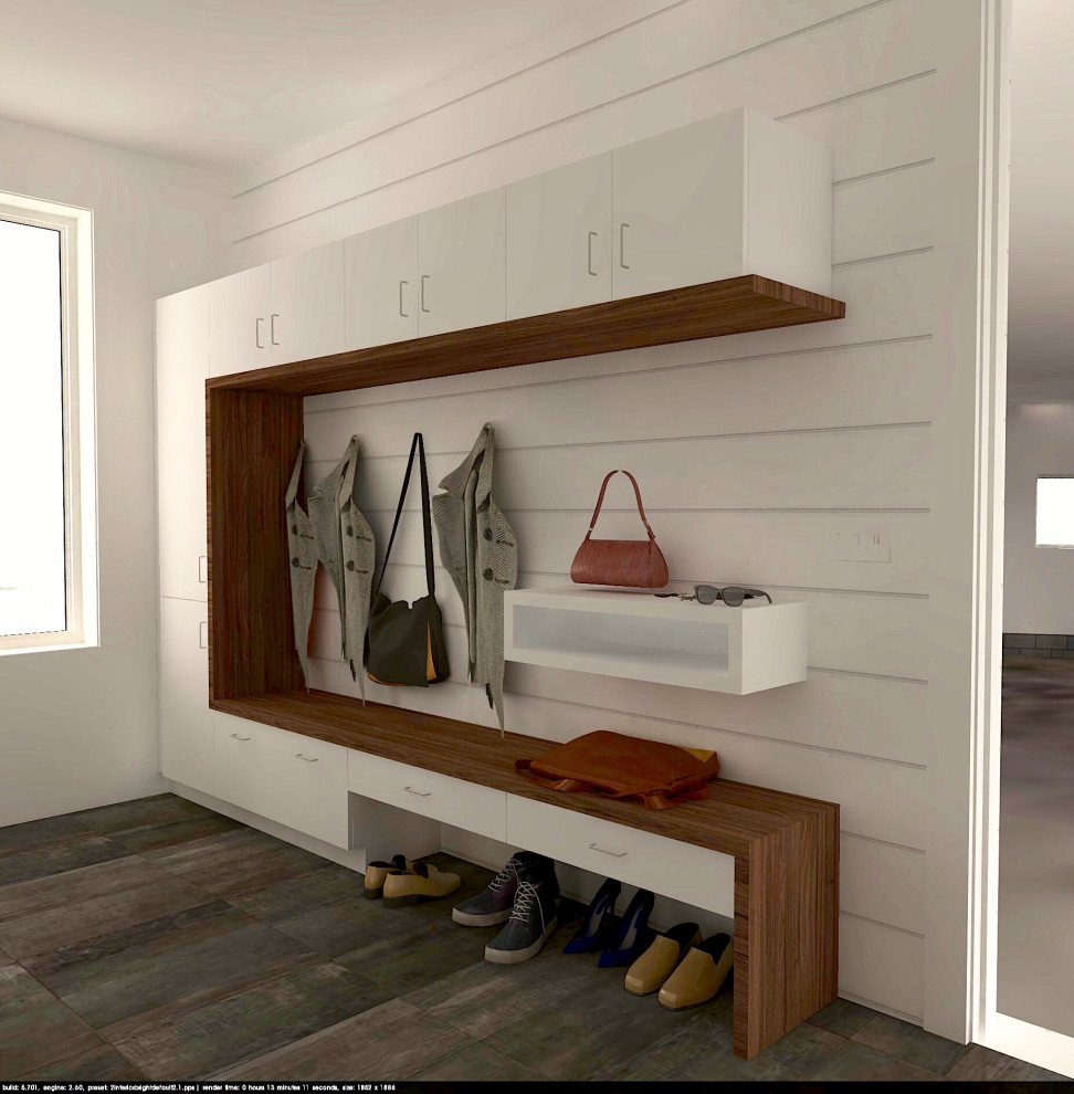 Design ideas for a mid-sized modern mudroom in Detroit.