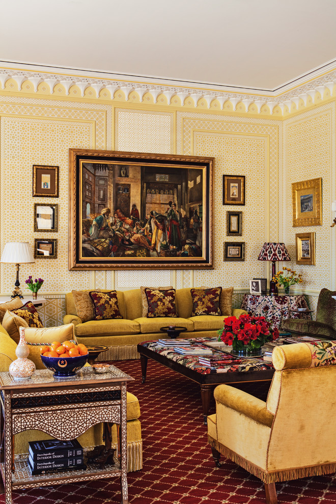 Expansive mediterranean formal living room in Other with yellow walls and carpet.