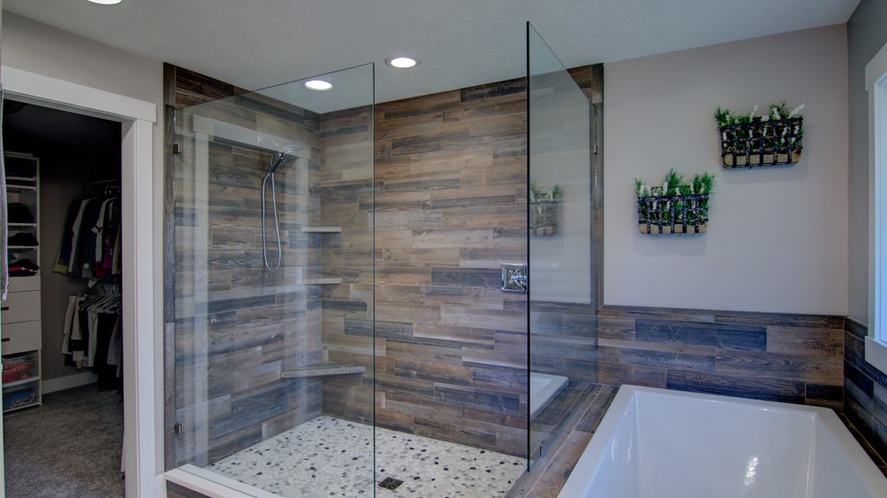 Inspiration for a mid-sized transitional master bathroom in Orange County with raised-panel cabinets, dark wood cabinets, a corner tub, an open shower, a one-piece toilet, ceramic tile, beige walls, dark hardwood floors and a drop-in sink.