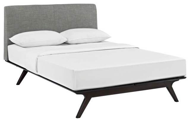 Tracy Queen Upholstered Fabric Wood Bed, Cappuccino Gray