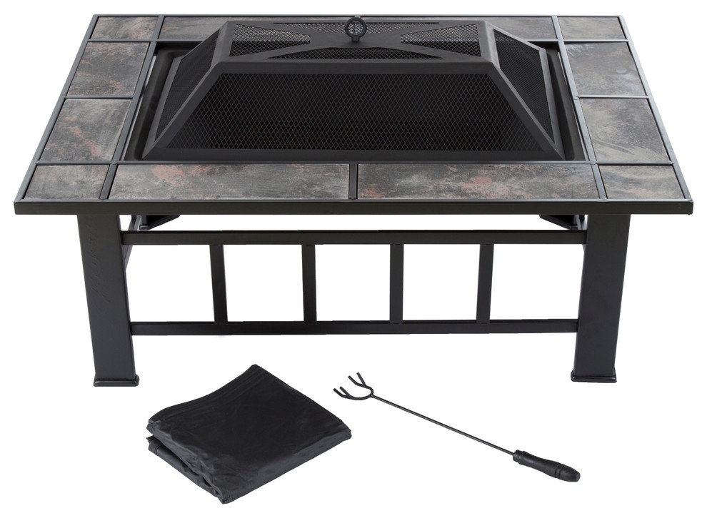 Pure Garden Rectangular Tile Fire Pit With Cover, Black, 37"