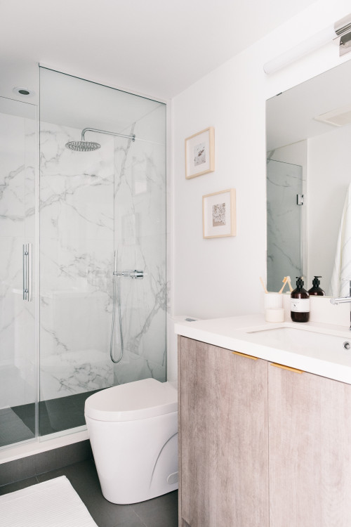 Contemporary Porcelain Shower Tiles and Light Wood Vanity