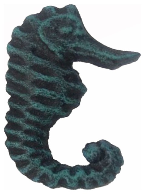 Seahorse Drawer Pull Painted Cast Iron Dark Blue Distressed Finish