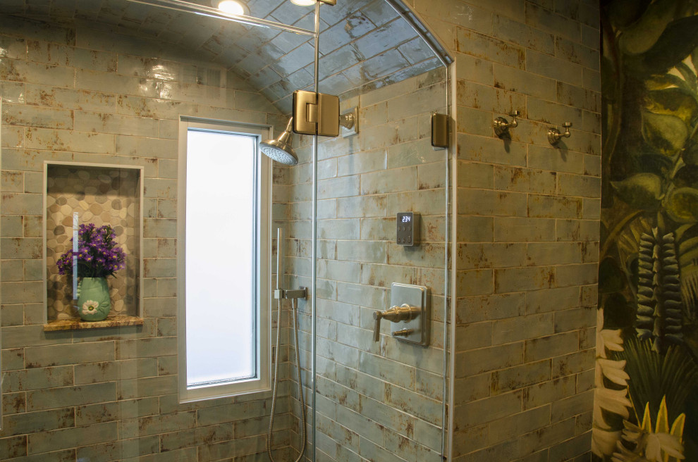 This is an example of a mid-sized arts and crafts master bathroom in Minneapolis with flat-panel cabinets, white cabinets, an open shower, a one-piece toilet, green tile, ceramic tile, green walls, ceramic floors, an undermount sink, granite benchtops, green floor, a hinged shower door, green benchtops, a shower seat, a single vanity and a built-in vanity.