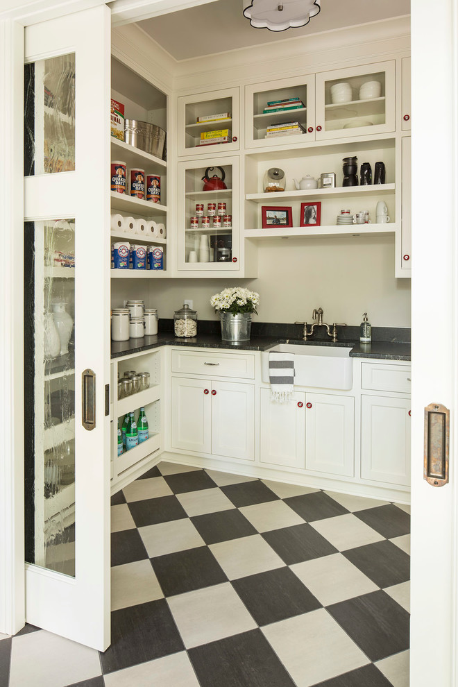 Photo of a transitional kitchen pantry in Minneapolis with a farmhouse sink and multi-coloured floor.