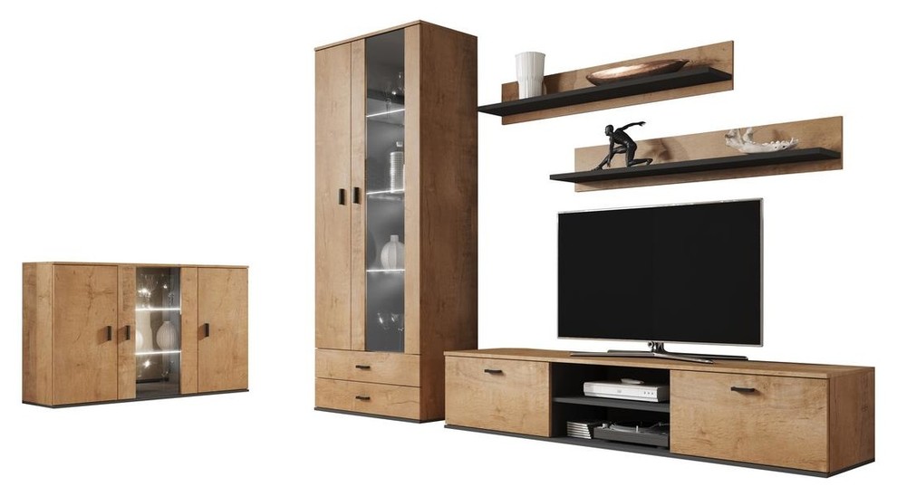 Soho 9 Modern Wall Unit Entertainment Center With 16 Color Led Lights Oak