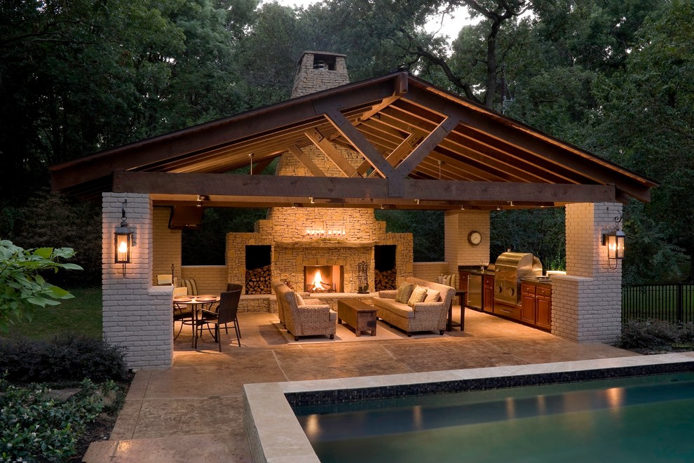 Design ideas for a large contemporary backyard patio in Houston with a fire feature, stamped concrete and a gazebo/cabana.
