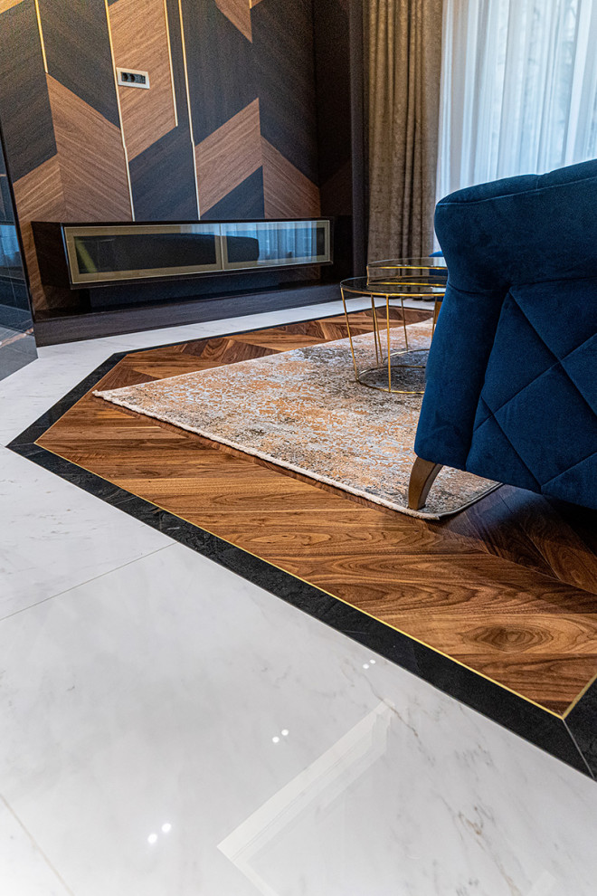 Inspiration for a contemporary medium tone wood floor living room remodel