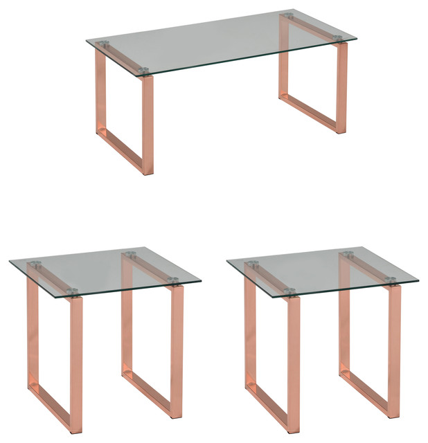 3 Piece Andi Rose Gold Metal Modern Coffee 2 End Tables Set - Contemporary Coffee Table And End Tables 3 Piece Andi Rose Gold Metal Modern Coffee 2 End Tables Set - Contemporary Coffee Table And End Tables