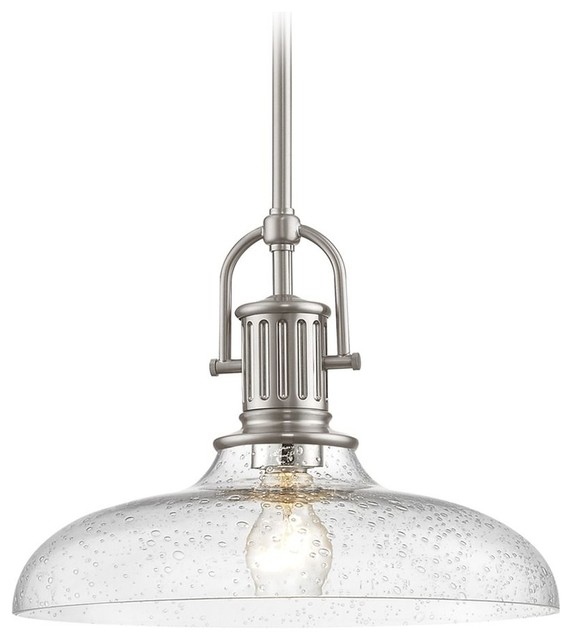 Industrial Satin Nickel Seeded Glass Pendant Light 14-Inch Wide